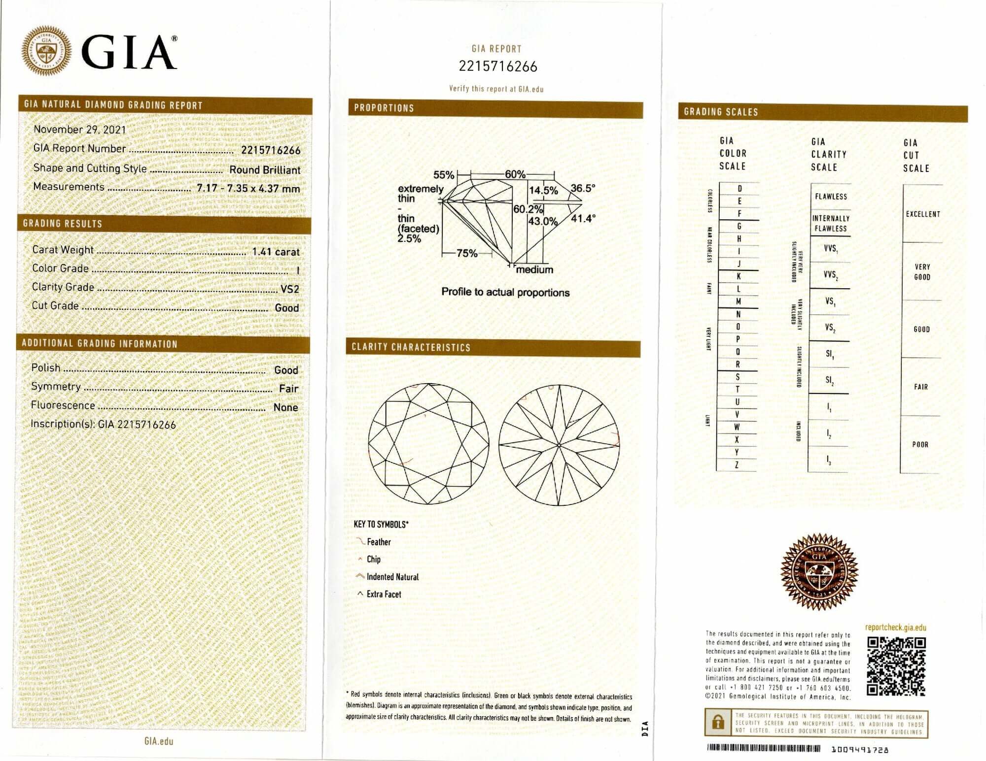 1.41ct GIA CERTIFIED I VS2 VINTAGE DIAMOND ROUND BRILLIANT LOOSE NATURAL ESTATE