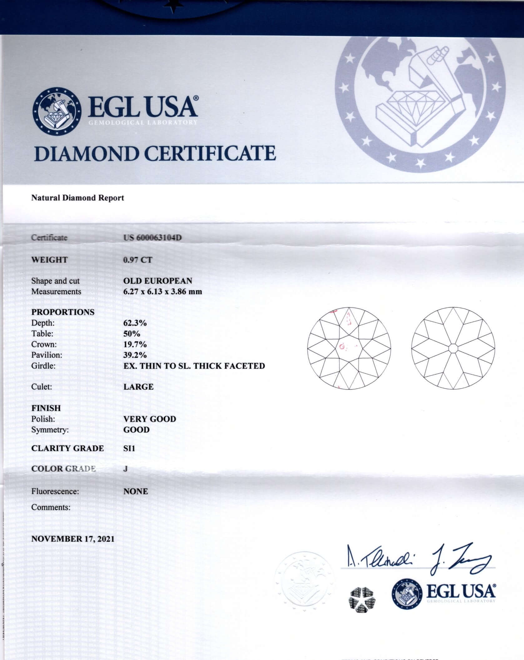 1 CARAT CERTIFIED OLD EUROPEAN CUT DIAMOND J SI1 VINTAGE ANTIQUE LOOSE ESTATE