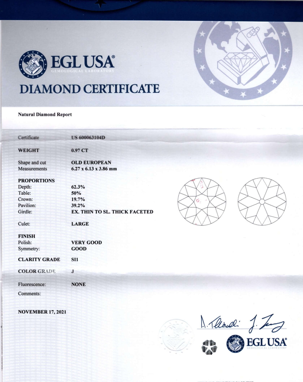 1 CARAT CERTIFIED OLD EUROPEAN CUT DIAMOND J SI1 VINTAGE ANTIQUE LOOSE ESTATE