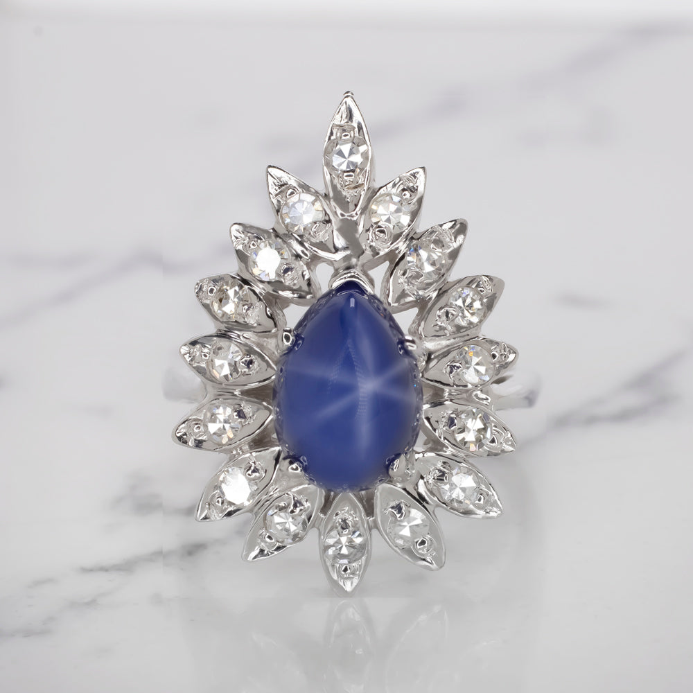 LINDE STAR SAPPHIRE DIAMOND VINTAGE RING PEAR SHAPE COCKTAIL 14K WHITE GOLD BLUE
