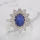 LINDE STAR SAPPHIRE DIAMOND VINTAGE RING OVAL SHAPE COCKTAIL 14K WHITE GOLD BLUE