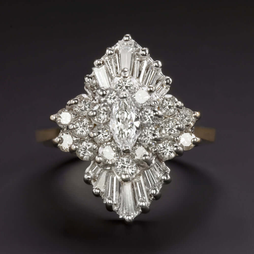 2 CARAT DIAMOND BALLERINA RING MARQUISE SHAPE COCKTAIL CLUSTER NATURAL ESTATE
