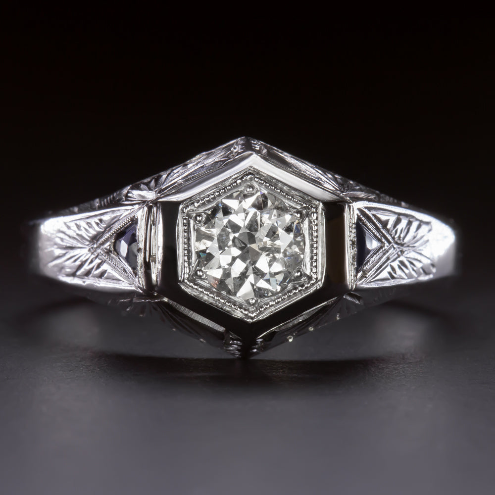 OLD EUROPEAN CUT DIAMOND RING 0.55ct ART DECO VINTAGE WHITE GOLD ENGAGEMENT MENS
