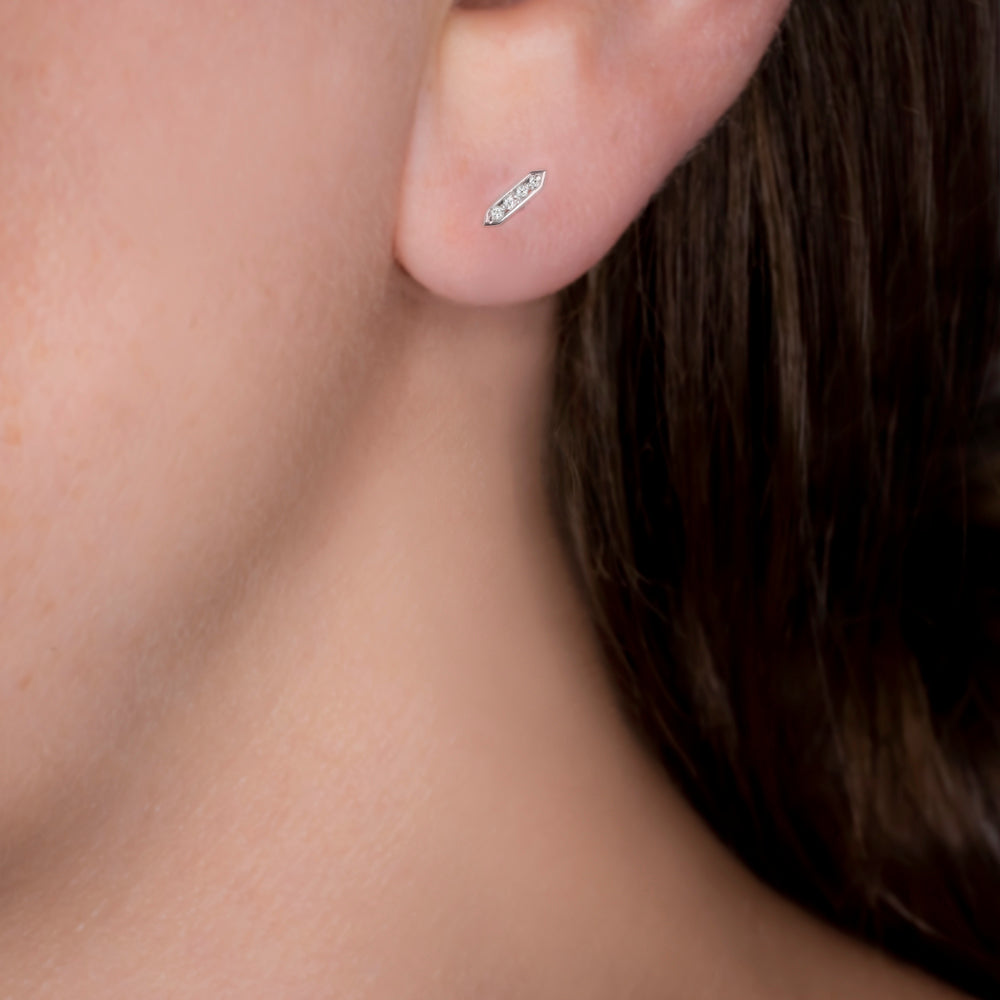 NATURAL DIAMOND STUD BAR EARRINGS MINIMALIST DAINTY 14K WHITE GOLD HEXAGON SMALL
