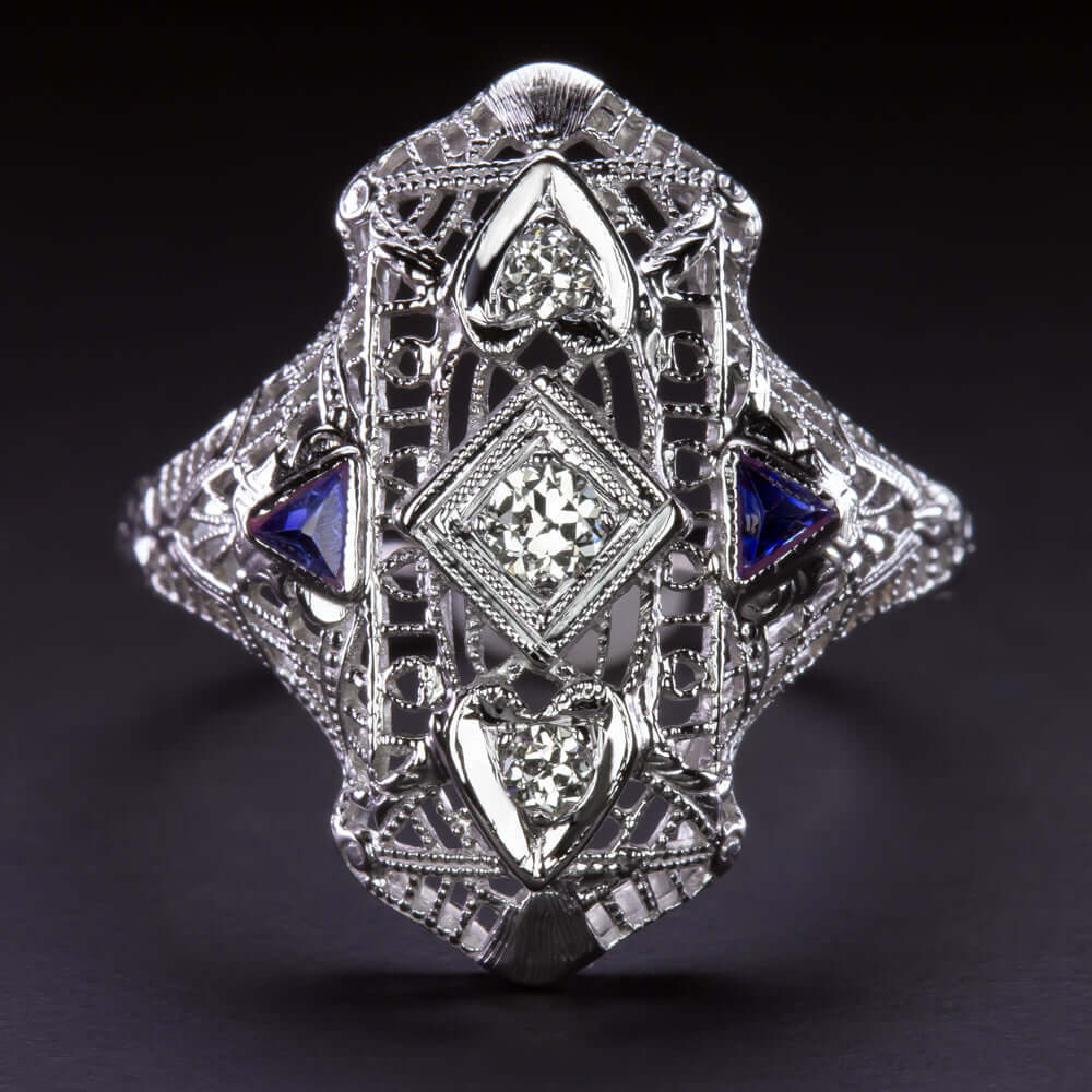 ART DECO DIAMOND SAPPHIRE COCKTAIL RING 18K FILIGREE VINTAGE NAVETTE 1920s
