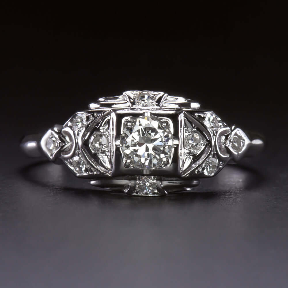 ART DECO F-G VS1 OLD CUT DIAMOND ENGAGEMENT RING 18k WHITE GOLD VINTAGE ESTATE