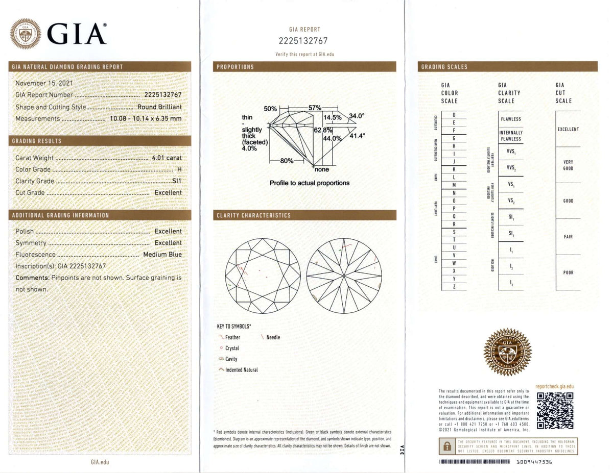 4 CARAT GIA CERTIFIED 3x EXCELLENT CUT H SI1 DIAMOND IDEAL ROUND BRILLIANT 4ct
