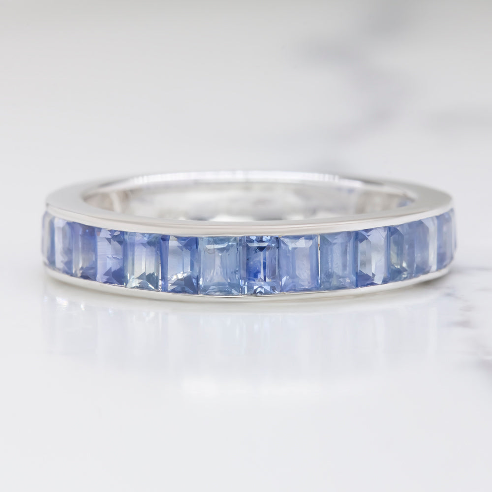 NATURAL BLUE SAPPHIRE STACKING RING 14k WHITE GOLD WEDDING BAND BAGUETTE CUT