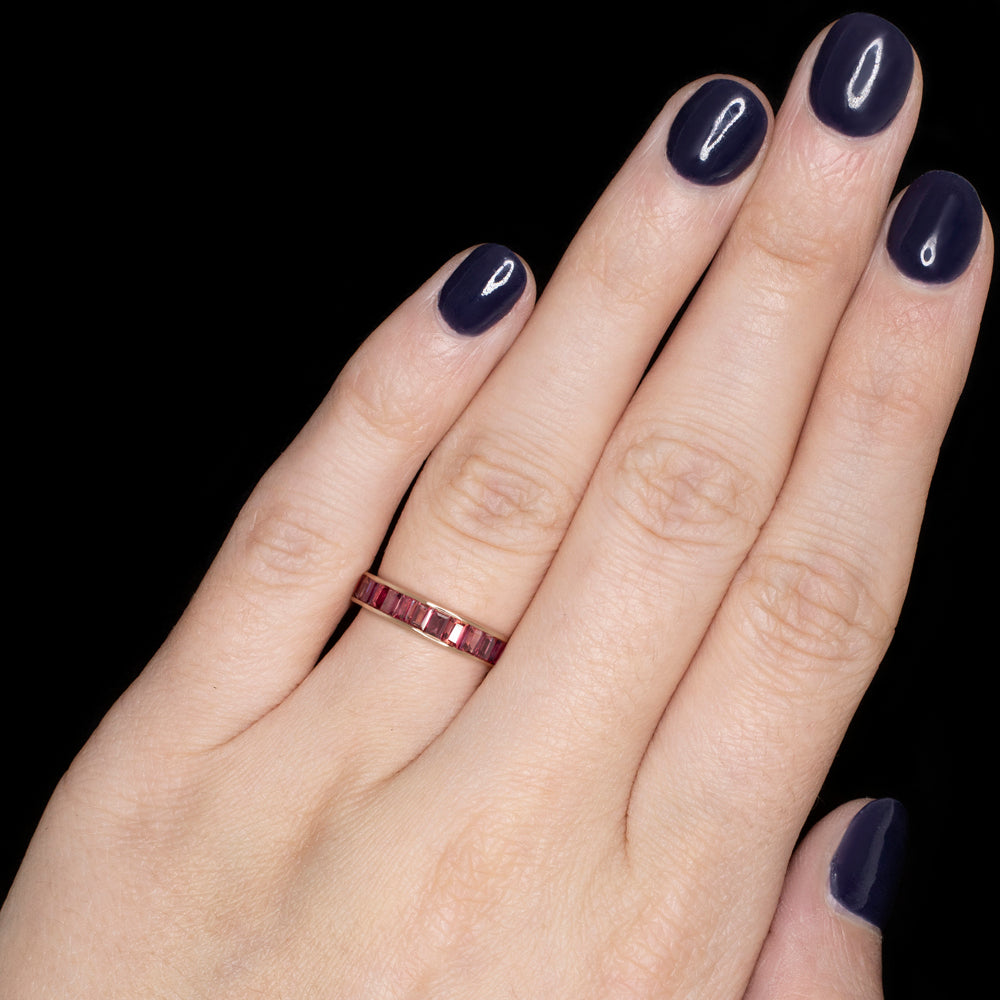 NATURAL RED ORANGE SAPPHIRE STACKING RING 14k ROSE GOLD WEDDING BAND BAGUETTE