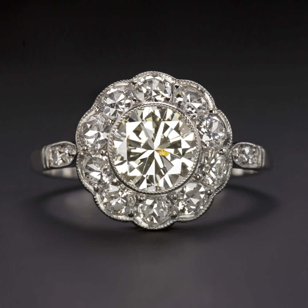 2.24ct VINTAGE STYLE DIAMOND ENGAGEMENT RING PLATINUM HALO ROUND CUT CLUSTER