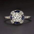 1ct OLD EUROPEAN CUT DIAMOND ENGAGEMENT RING PLATINUM SAPPHIRE VINTAGE ART DECO
