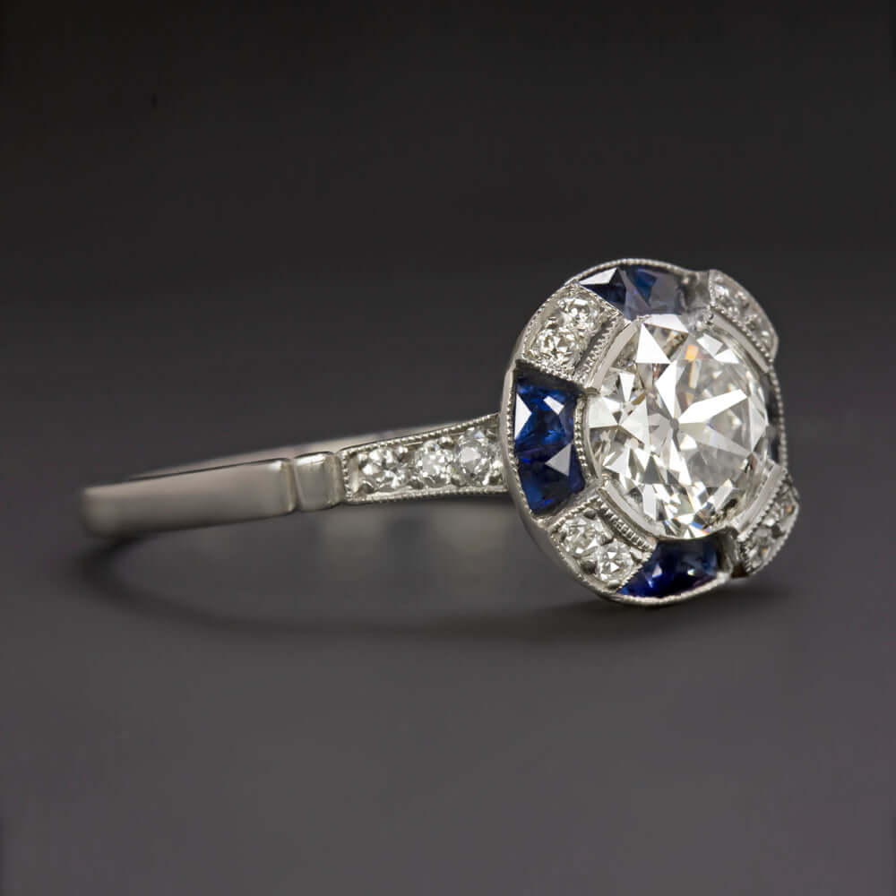 1ct OLD EUROPEAN CUT DIAMOND ENGAGEMENT RING PLATINUM SAPPHIRE VINTAGE ART DECO