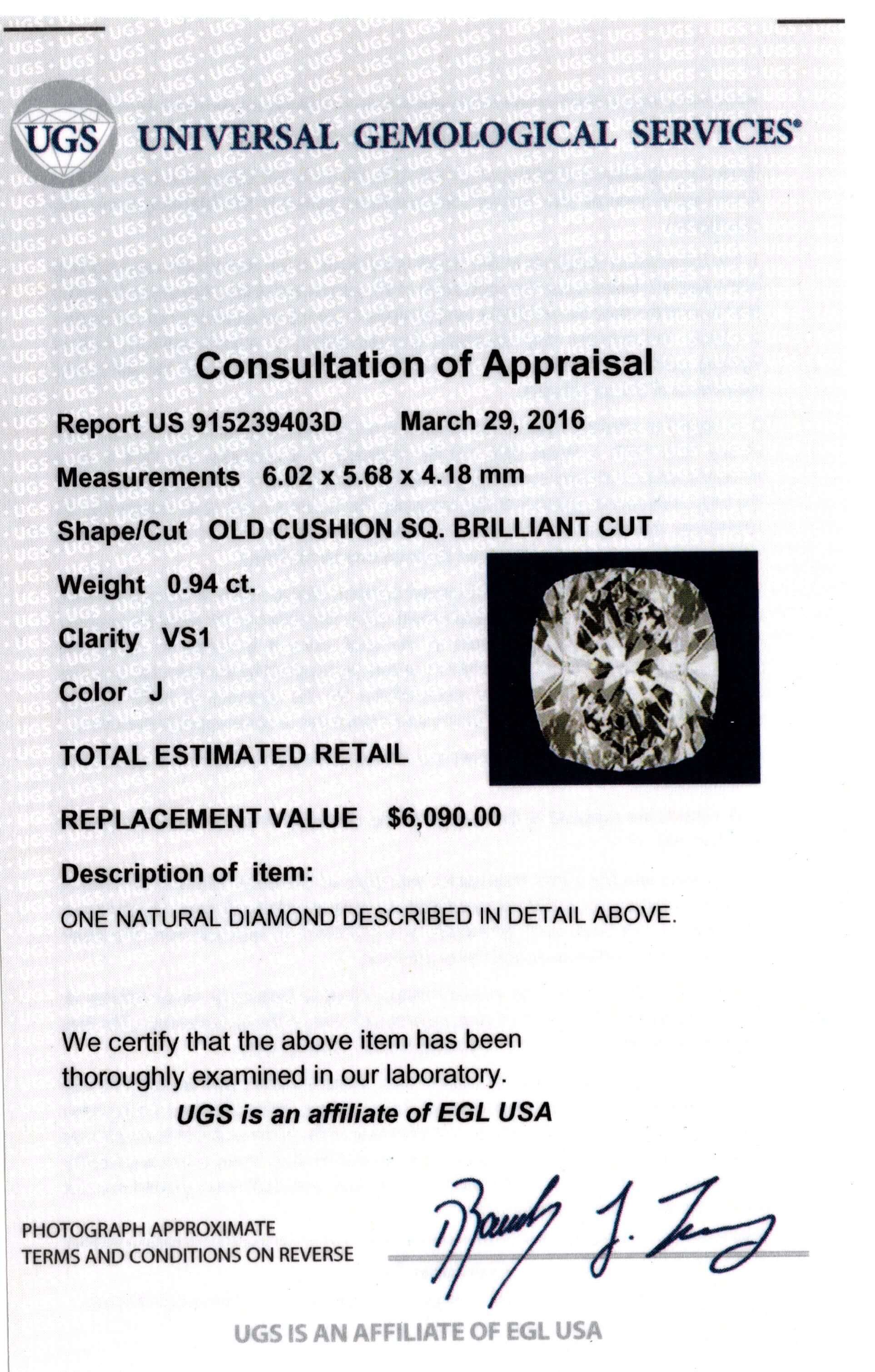 CERTIFIED J VS1 .94ct OLD MINE CUT DIAMOND ANTIQUE VINTAGE 1 CARAT NATURAL LOOSE