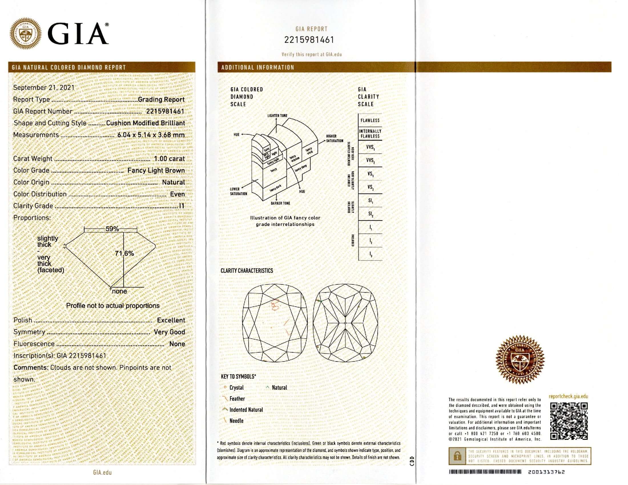 1 CARAT GIA CERTIFIED CUSHION CUT DIAMOND BROWN LOOSE NATURAL ENGAGEMENT 1ct