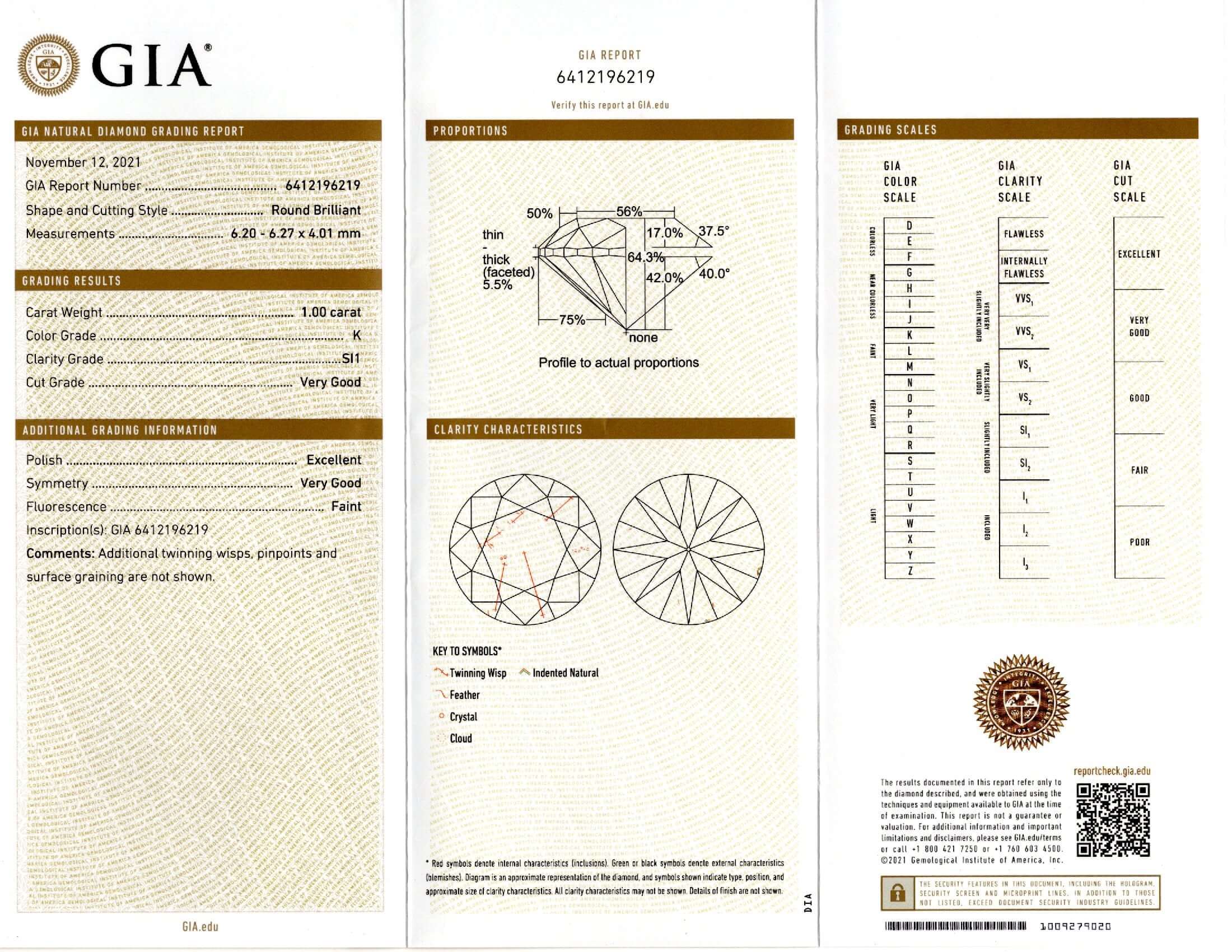 1 CARAT GIA CERTIFIED VERY GOOD CUT DIAMOND K SI1 ROUND BRILLIANT LOOSE NATURAL