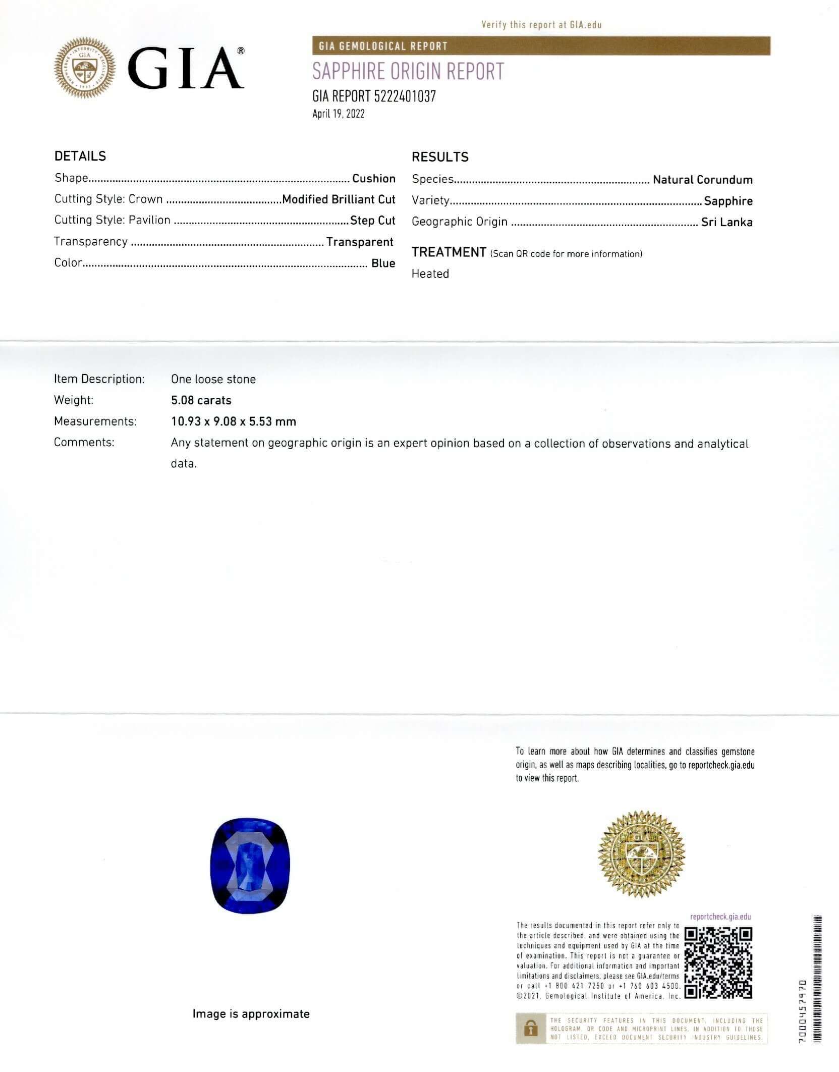 5.08ct GIA CERTIFIED CEYLON SAPPHIRE CUSHION SHAPE LOOSE NATURAL 5 CARAT BLUE