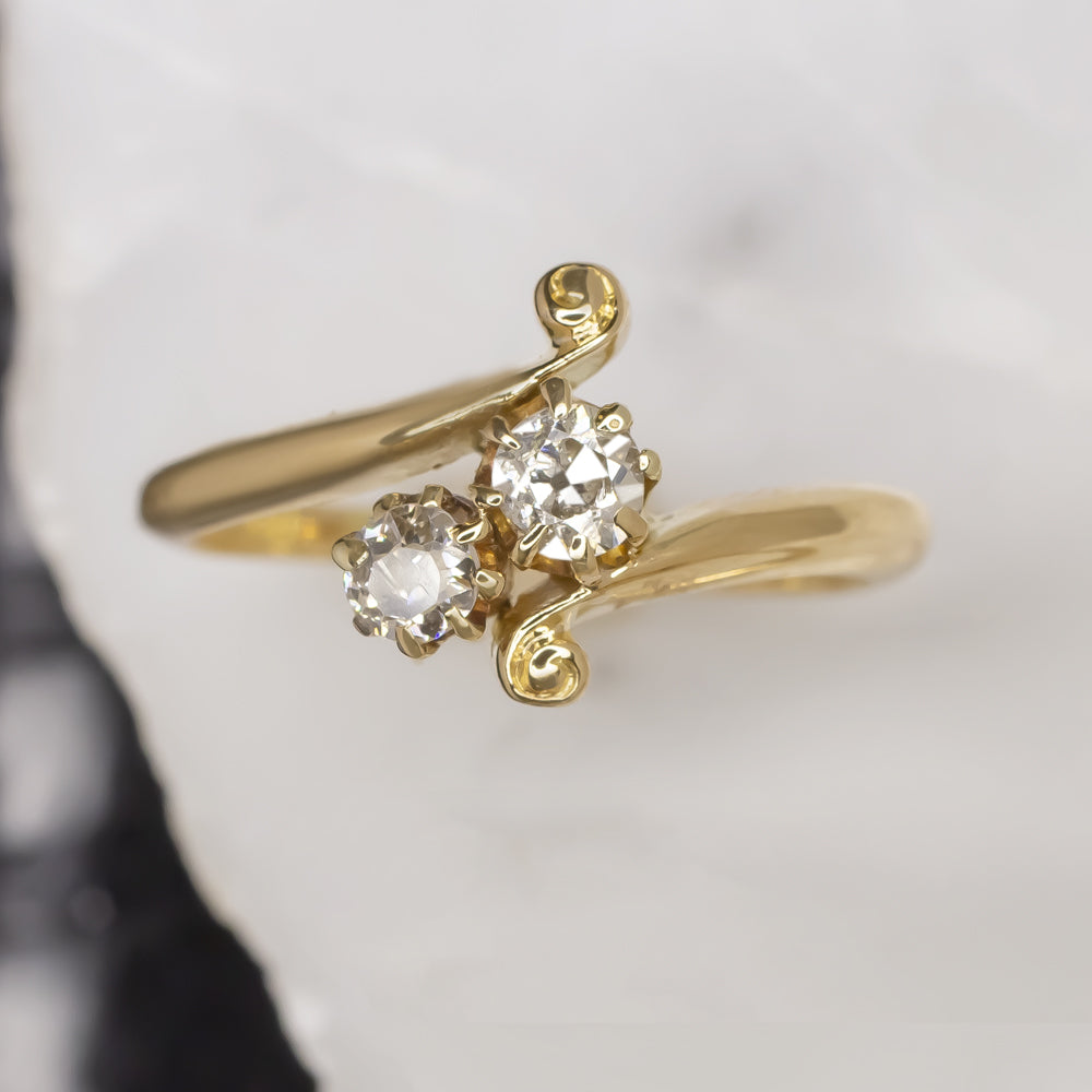 VINTAGE DIAMOND TOI ET MOI RING OLD EUROPEAN CUT 18K YELLOW GOLD BYPASS PROMISE