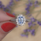 VINTAGE AQUAMARINE DIAMOND HALO COCKTAIL RING 18K WHITE GOLD OVAL SHAPE ESTATE