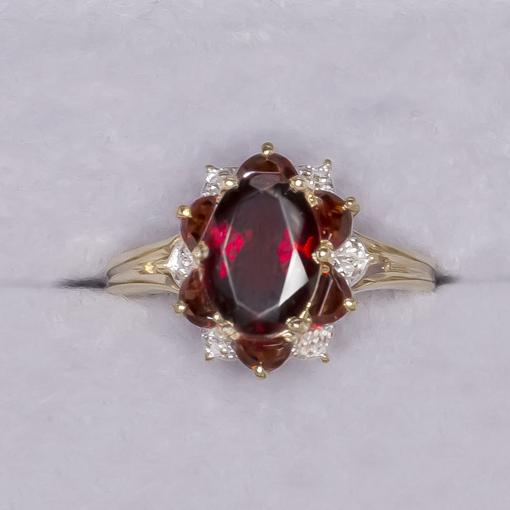 GARNET DIAMOND COCKTAIL RING HALF MOON HALO OVAL SHAPE 14k YELLOW GOLD NATURAL