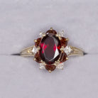 GARNET DIAMOND COCKTAIL RING HALF MOON HALO OVAL SHAPE 14k YELLOW GOLD NATURAL