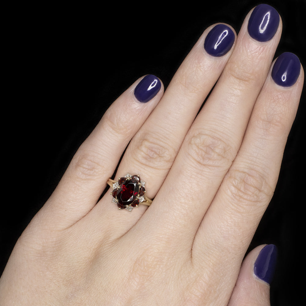 GARNET DIAMOND COCKTAIL RING HALF MOON HALO OVAL SHAPE 14k YELLOW GOLD NATURAL