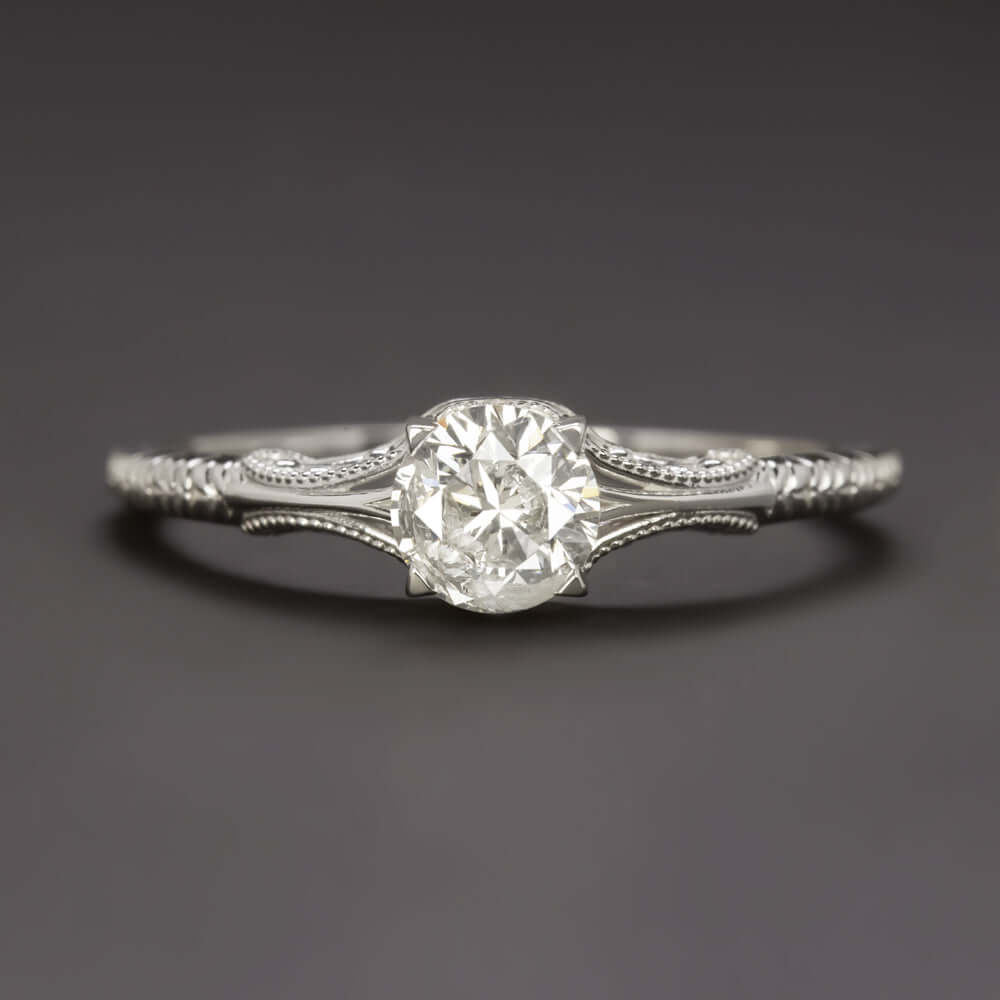 1/2ct ROUND CUT DIAMOND VINTAGE STYLE ENGAGEMENT RING WHITE GOLD ANTIQUE NATURAL
