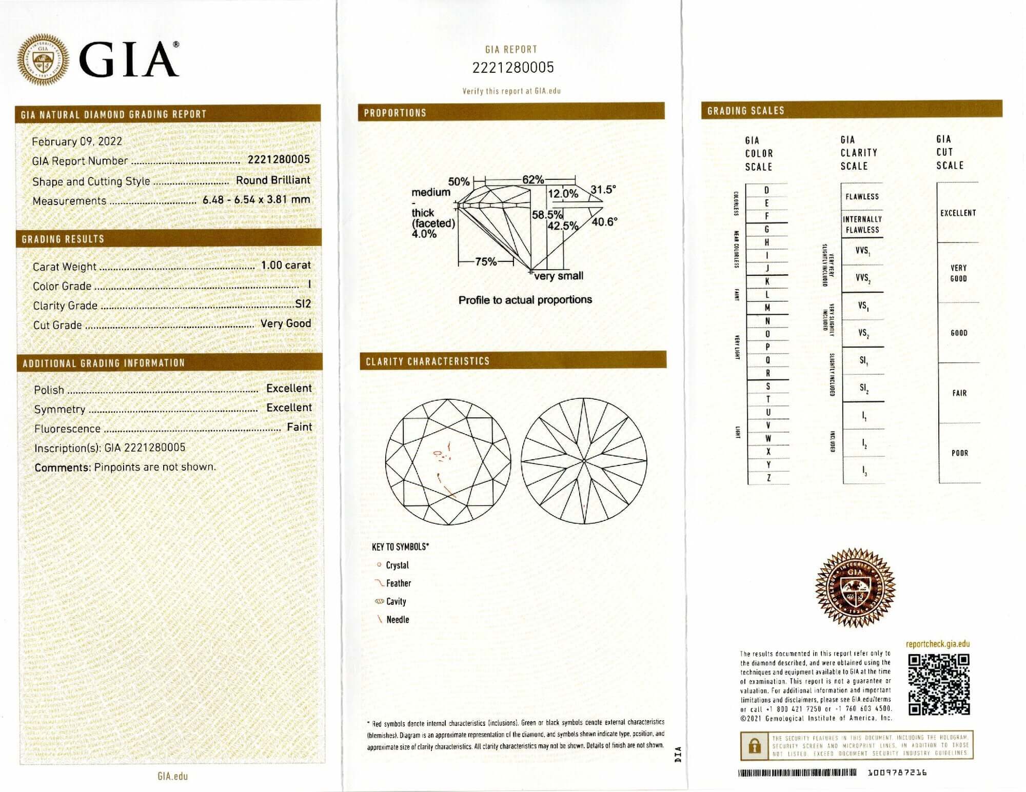 1 CARAT GIA CERTIFIED VERY GOOD CUT DIAMOND I SI2 ROUND BRILLIANT LOOSE NATURAL