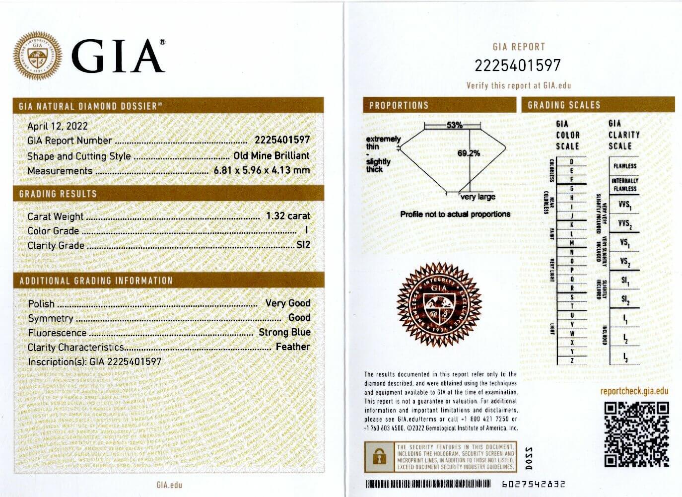 1.32ct GIA CERTIFIED I SI2 OLD MINE CUT DIAMOND VINTAGE ANTIQUE NATURAL LOOSE