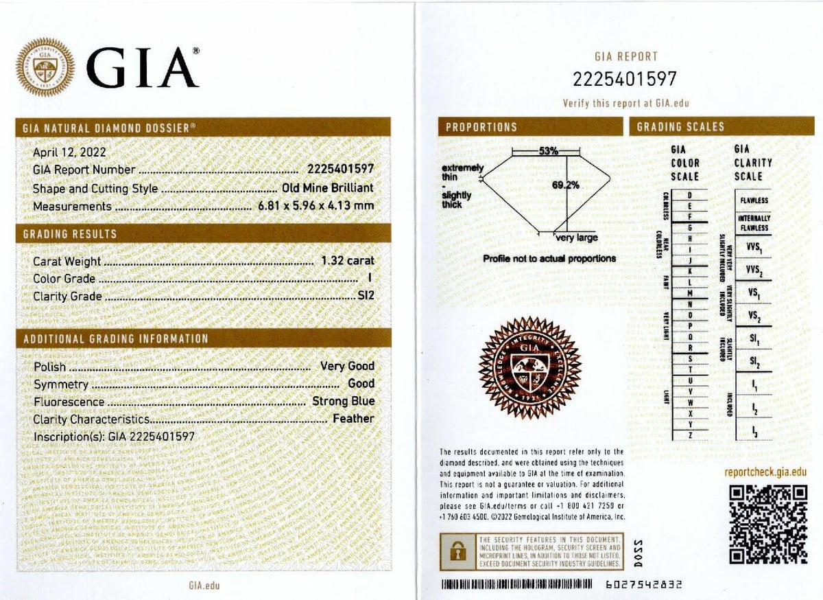 1.32ct GIA CERTIFIED I SI2 OLD MINE CUT DIAMOND VINTAGE ANTIQUE NATURAL LOOSE
