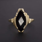 DIAMOND BLACK ONYX ART DECO RING MARQUISE YELLOW GOLD VINTAGE ESTATE COCKTAIL