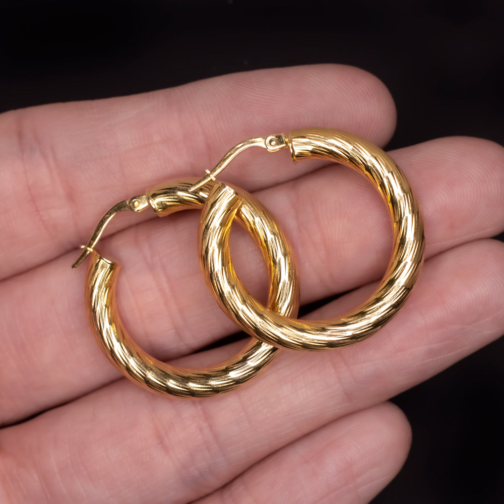 SOLID 14K YELLOW GOLD ITALIAN HOOP EARRINGS 1in CLASSIC THICK TEXTURED JEWELRY