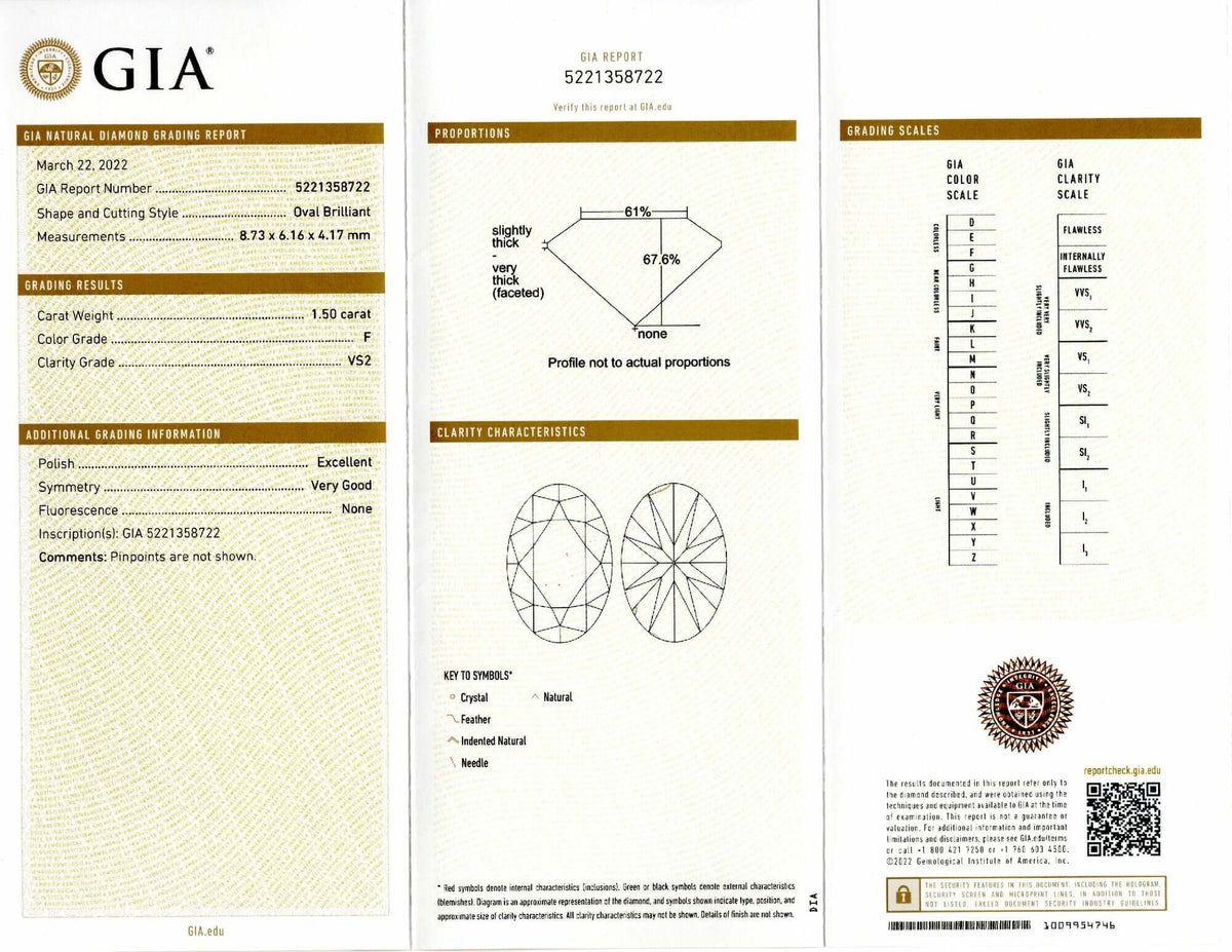 1.5 CARAT GIA CERTIFIED F VS2 OVAL CUT DIAMOND LOOSE NATURAL COLORLESS 1.5ct