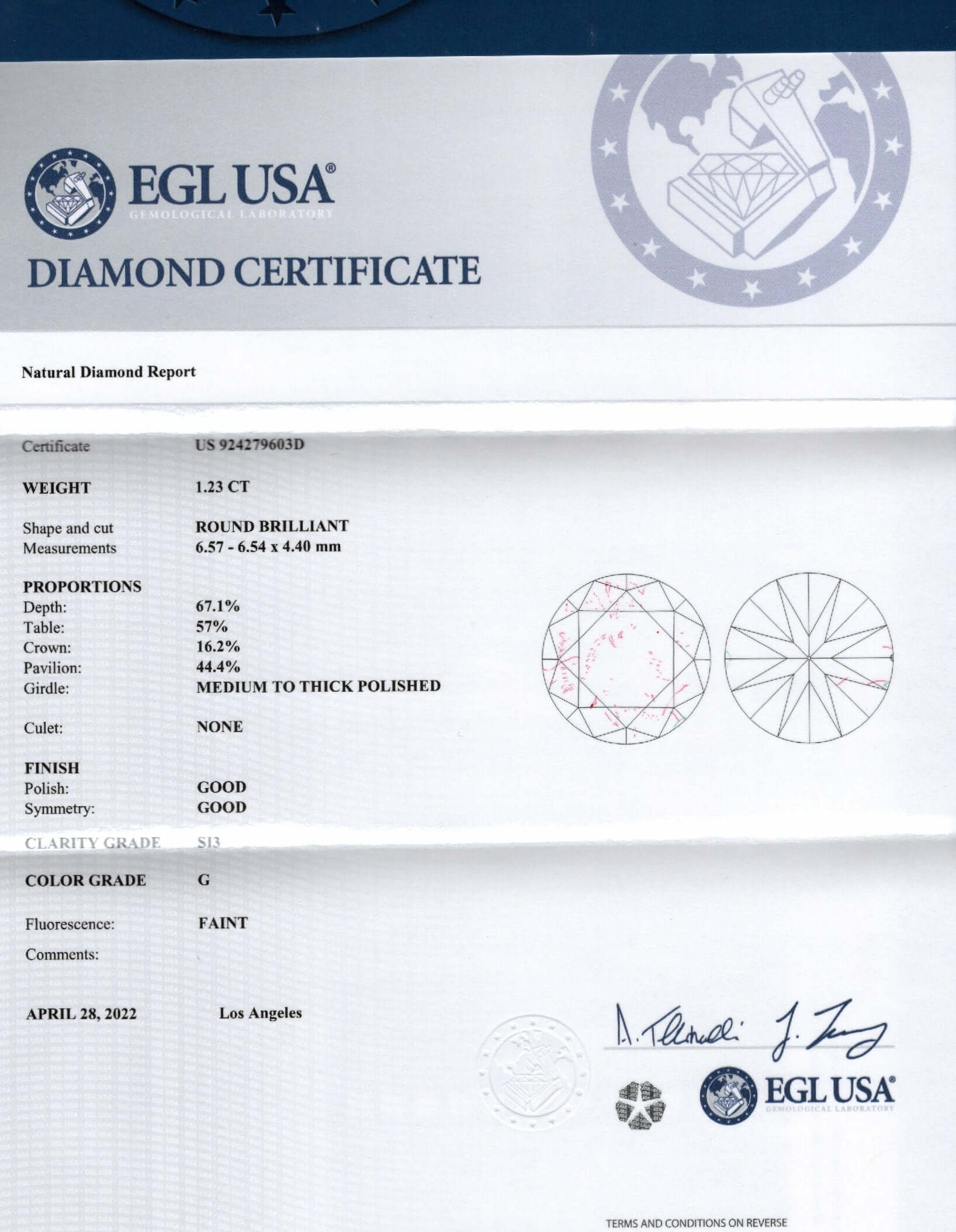 1.23c CERTIFIED G SI DIAMOND ROUND BRILLIANT CUT NATURAL LOOSE ENGAGEMENT 1.25ct