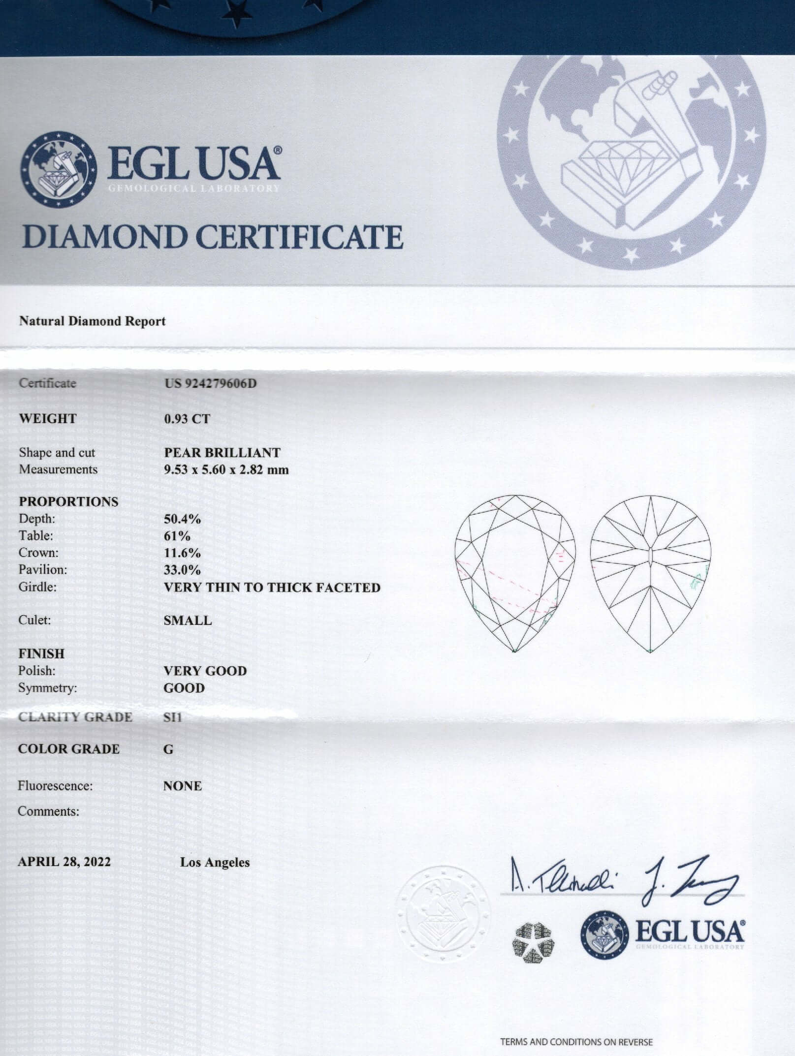 0.93ct CERTIFIED G SI1 VINTAGE PEAR SHAPE CUT DIAMOND ESTATE LOOSE NATURAL 1ct