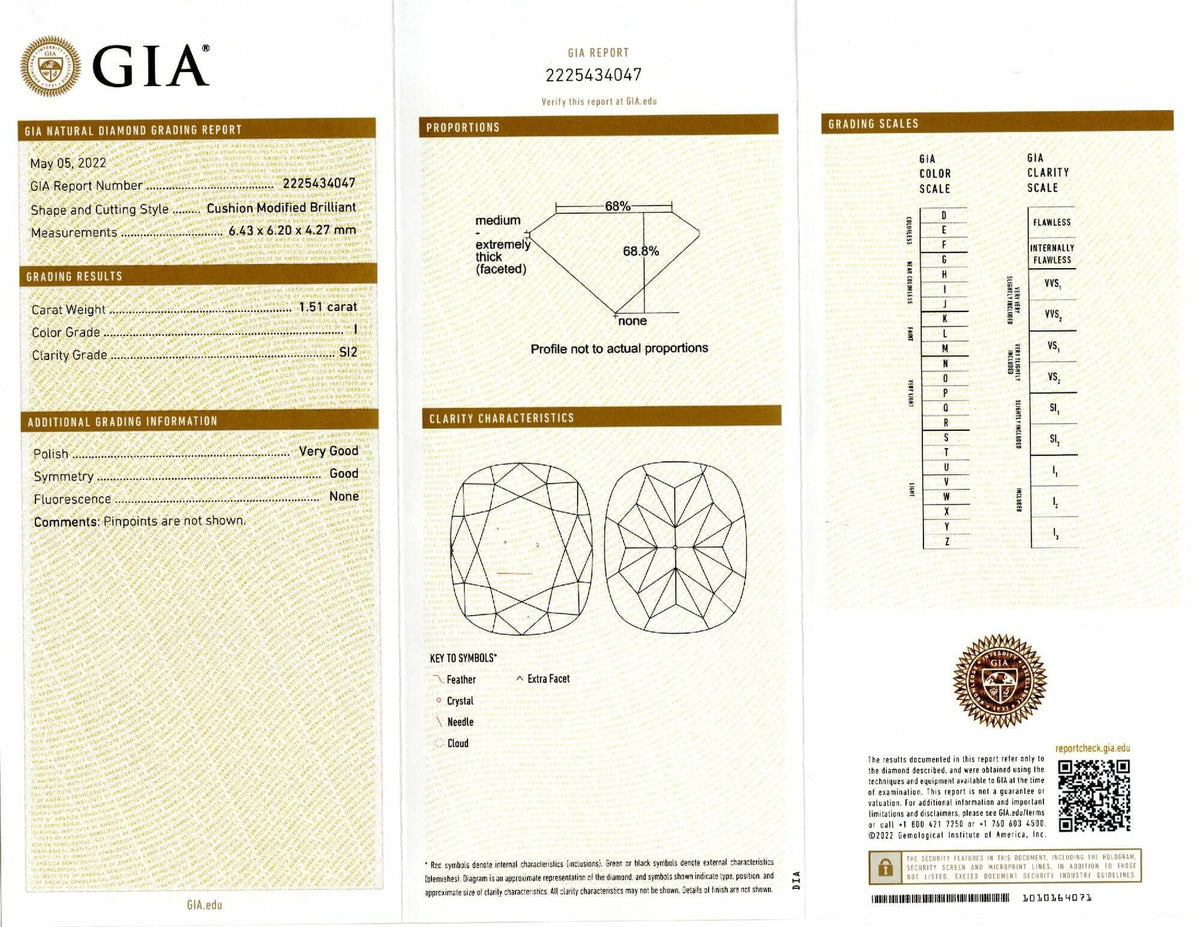 1.5 CARAT GIA CERTIFIED I SI2 DIAMOND CUSHION SHAPE CUT NATURAL LOOSE ENGAGEMENT