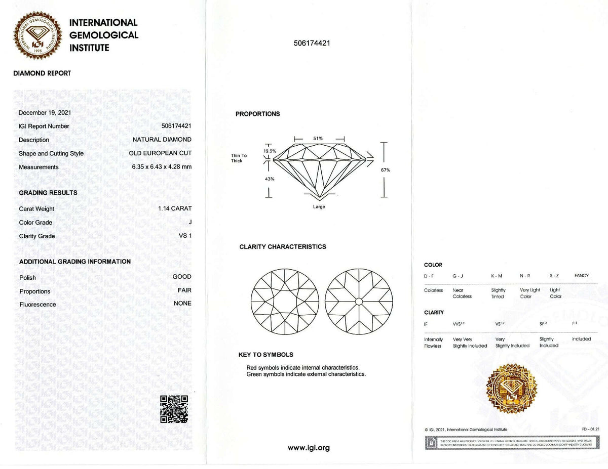 1.14ct IGI CERTIFIED J VS1 OLD EUROPEAN CUT DIAMOND VINTAGE LOOSE ESTATE NATURAL