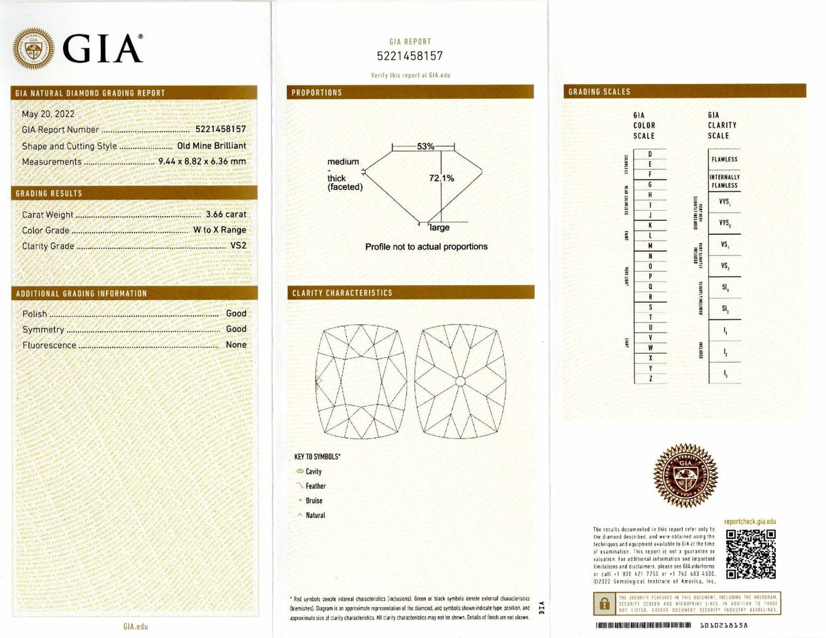 3.66ct GIA CERTIFIED W-X VS2 OLD MINE CUT DIAMOND ANTIQUE ESTATE CUSHION LOOSE
