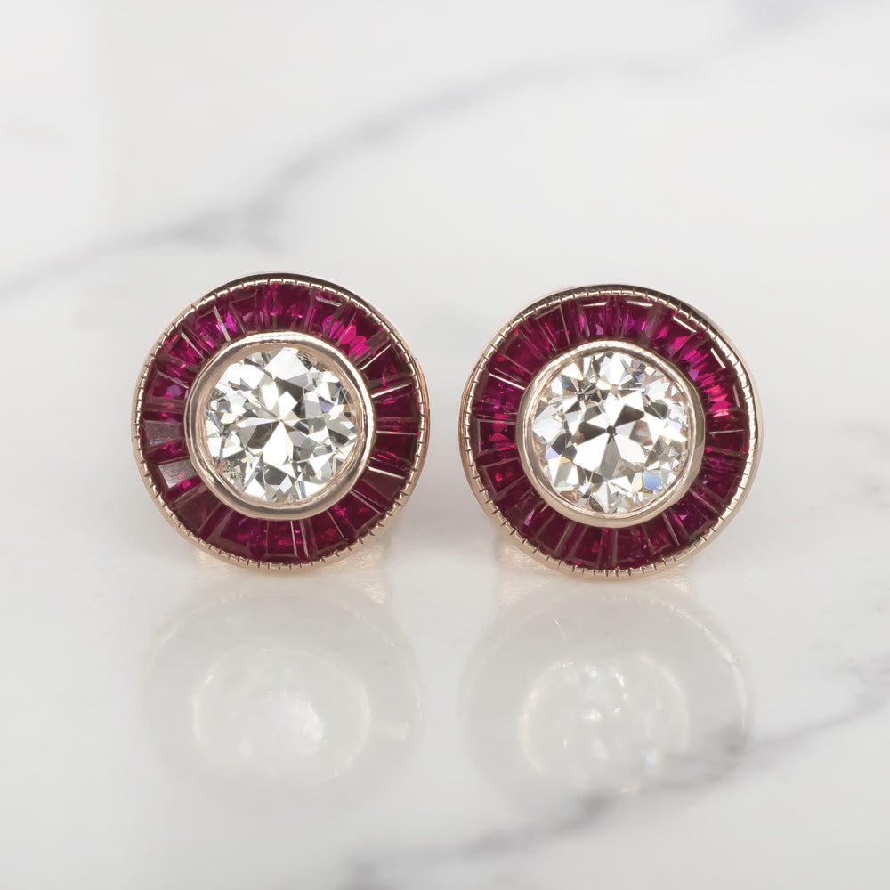 OLD EUROPEAN CUT DIAMOND RUBY STUD EARRINGS ART DECO VINTAGE CALIBRE HALO TARGET