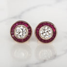 OLD EUROPEAN CUT DIAMOND RUBY STUD EARRINGS ART DECO VINTAGE CALIBRE HALO TARGET