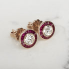 OLD EUROPEAN CUT DIAMOND RUBY STUD EARRINGS ART DECO VINTAGE CALIBRE HALO TARGET