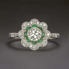 1/2ct J VS2 OLD EUROPEAN CUT DIAMOND ENGAGEMENT RING CALIBRE EMERALD HALO FLOWER