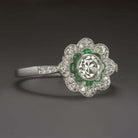 1/2ct J VS2 OLD EUROPEAN CUT DIAMOND ENGAGEMENT RING CALIBRE EMERALD HALO FLOWER