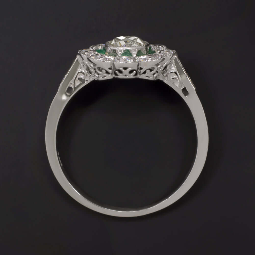1/2ct J VS2 OLD EUROPEAN CUT DIAMOND ENGAGEMENT RING CALIBRE EMERALD HALO FLOWER