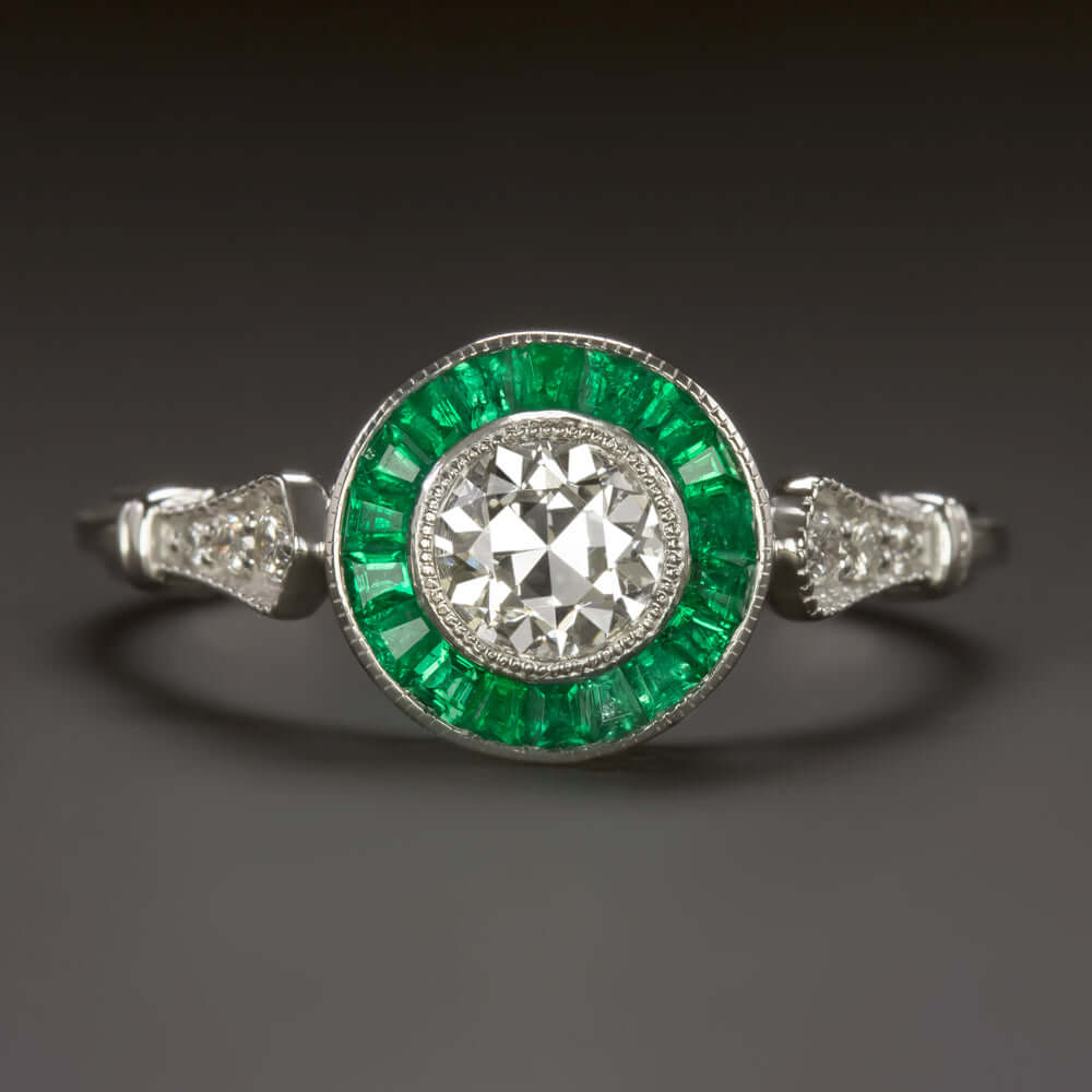0.74ct OLD EUROPEAN CUT DIAMOND ENGAGEMENT RING EMERALD VINTAGE ART DECO TARGET