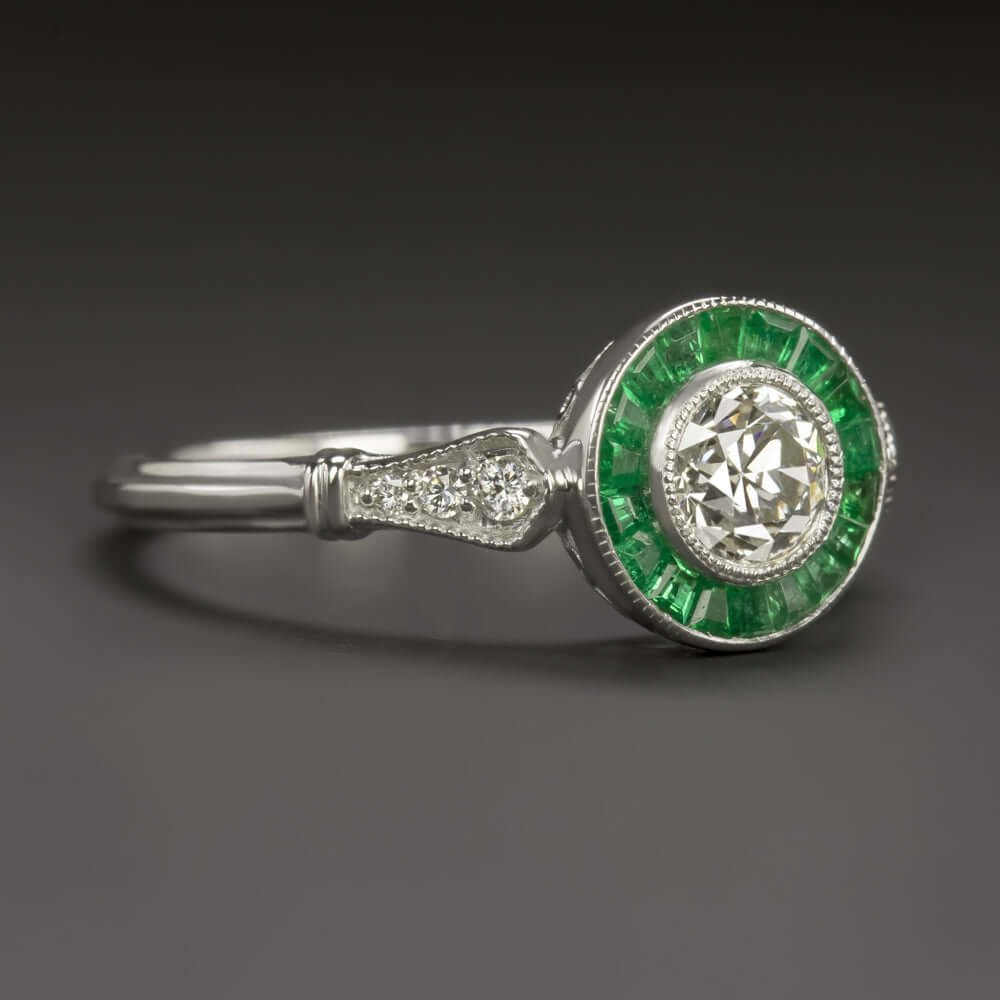 0.74ct OLD EUROPEAN CUT DIAMOND ENGAGEMENT RING EMERALD VINTAGE ART DECO TARGET