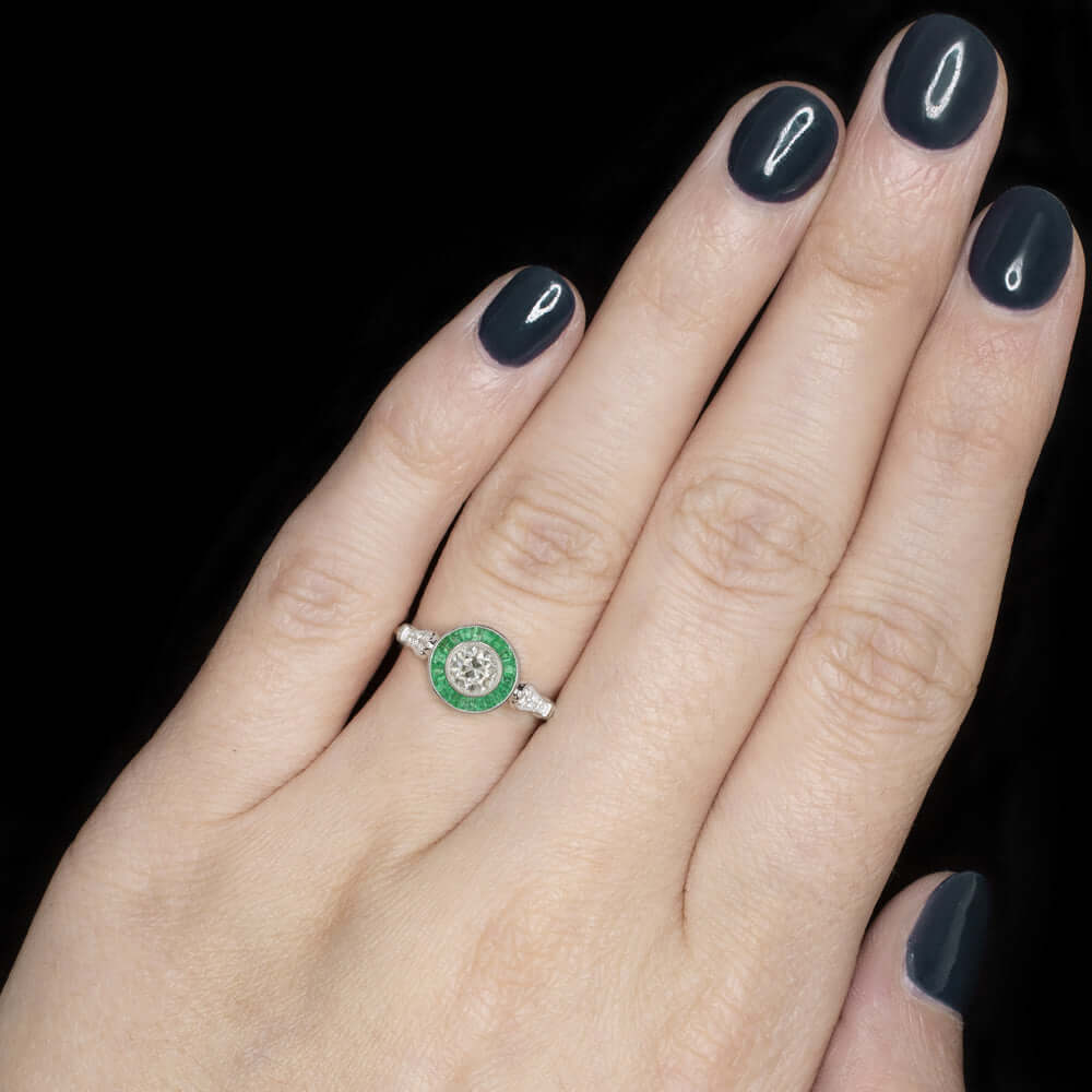 0.74ct OLD EUROPEAN CUT DIAMOND ENGAGEMENT RING EMERALD VINTAGE ART DECO TARGET