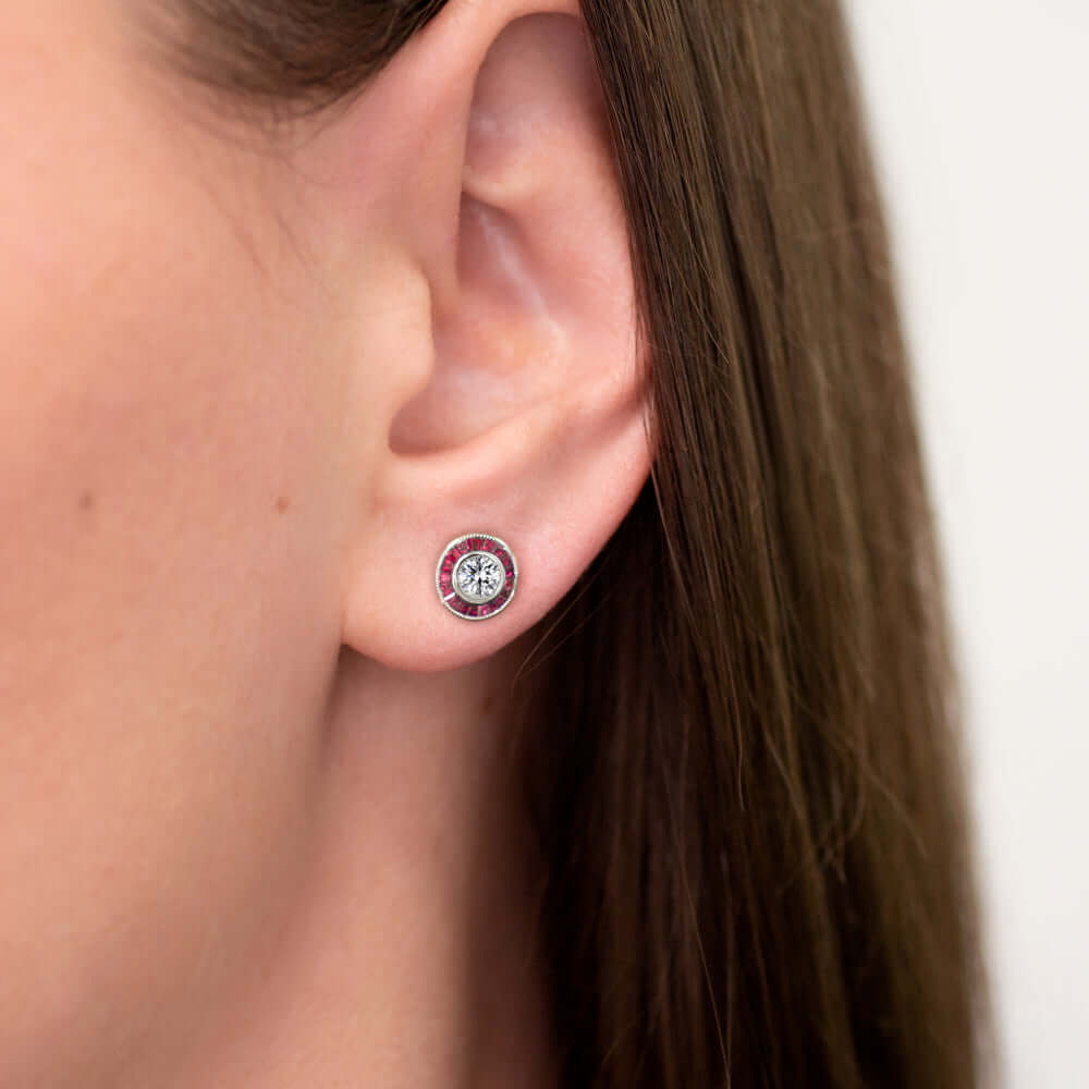 ART DECO STYLE E-F SI2 DIAMOND RUBY STUD EARRINGS ROUND CUT CALIBRE HALO TARGET