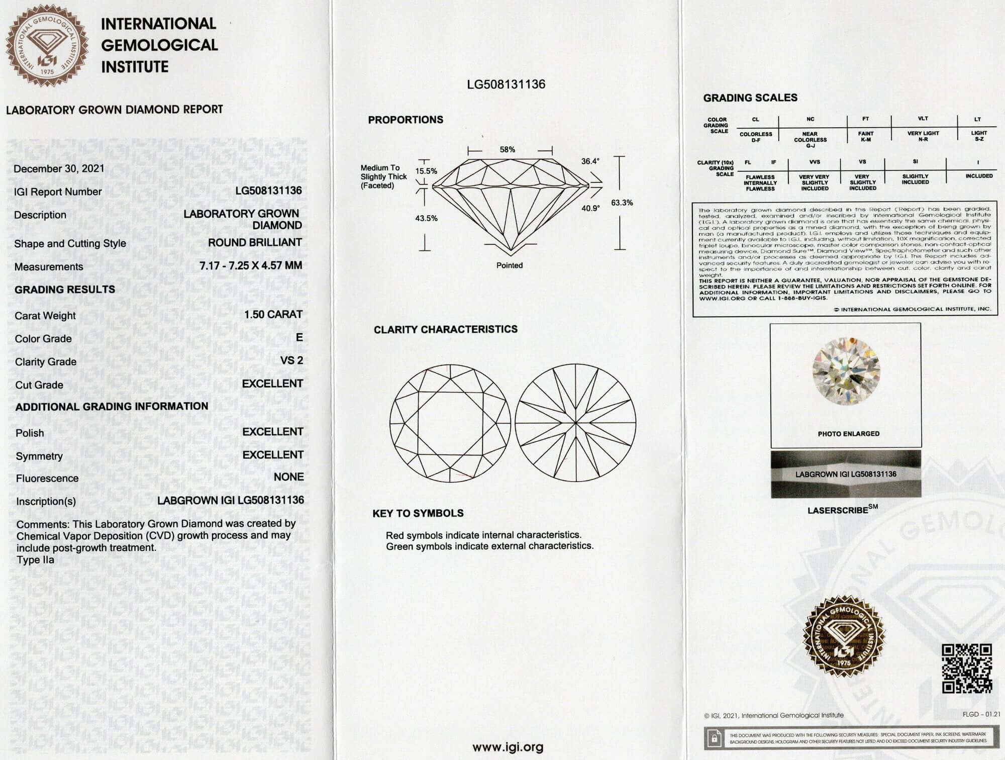 1.5 CARAT LAB CREATED DIAMOND CERTIFIED E VS2 3X EXCELLENT CUT ROUND BRILLIANT