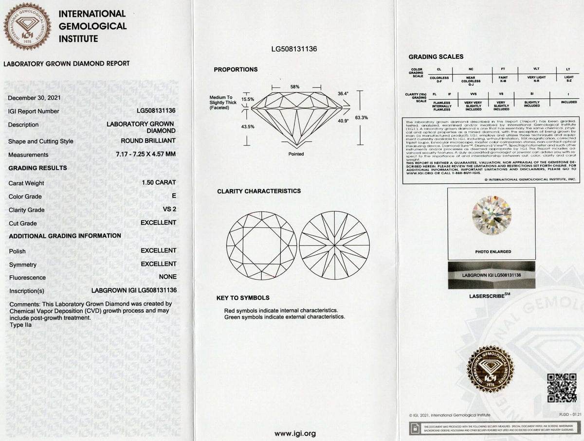 1.5 CARAT LAB CREATED DIAMOND CERTIFIED E VS2 3X EXCELLENT CUT ROUND BRILLIANT