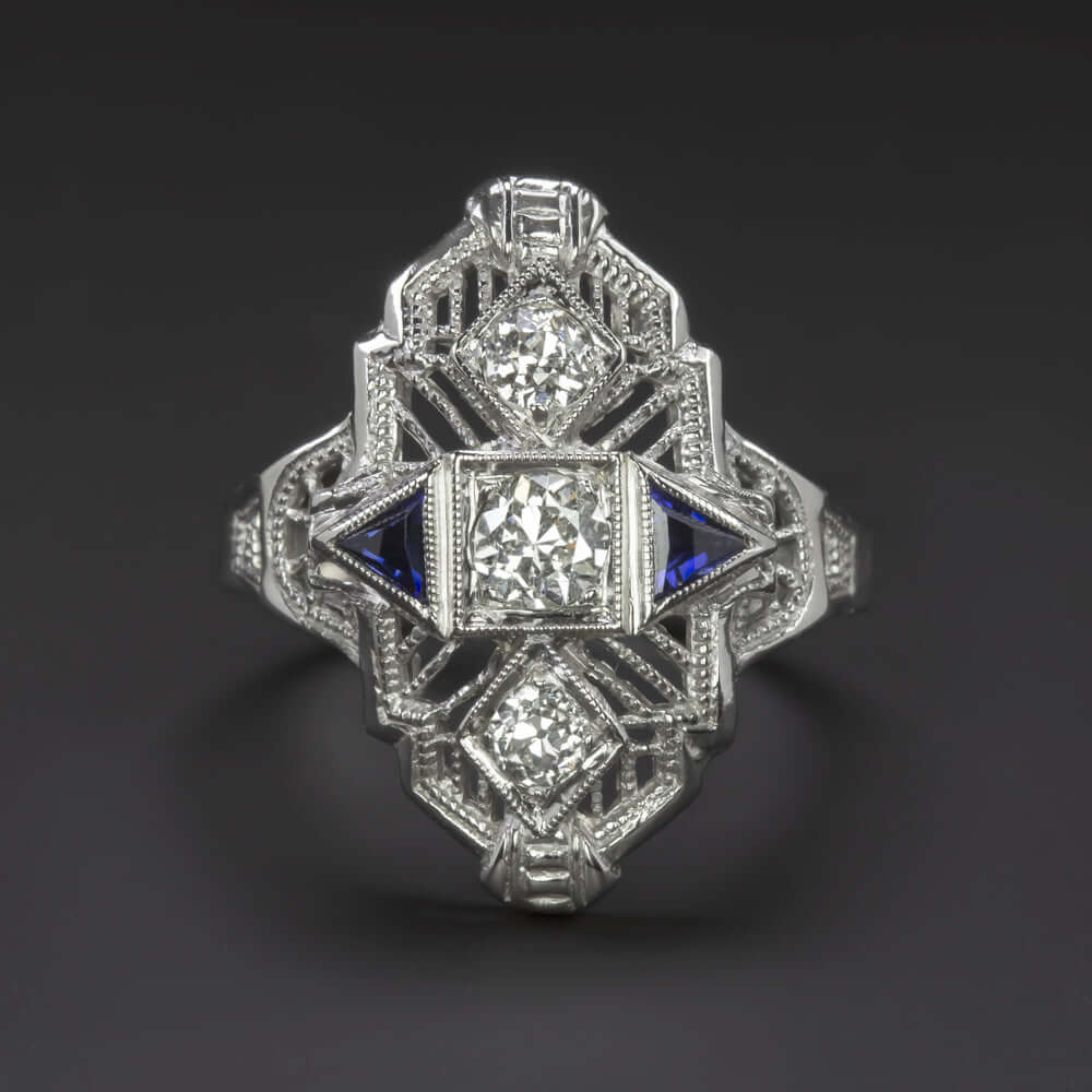 ART DECO DIAMOND SAPPHIRE COCKTAIL RING 18k WHITE GOLD FILIGREE VINTAGE ANTIQUE